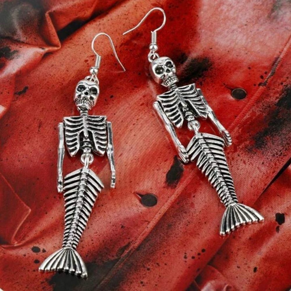 Goth Skeleton Mermaid Earrings, Dangling, Moving Joints, silver color - Picture 2 of 2